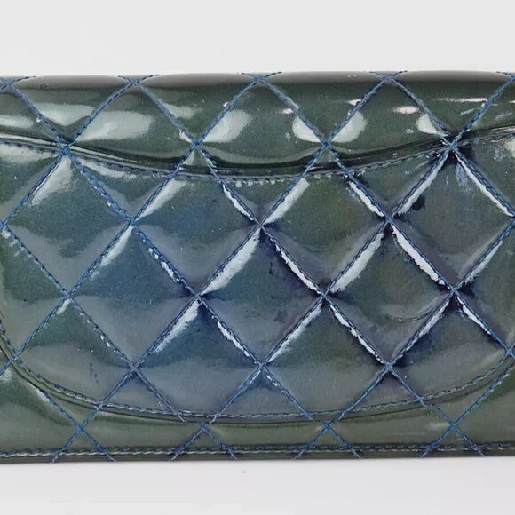 Authentic CHANEL Green Quilted Patent Leather CC Long Wallet Coin Purse